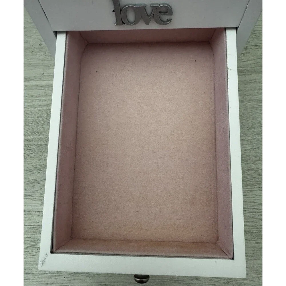 White Wood Jewelry Box 3 Drawers Mirror Ring Rolls Picture Frame 